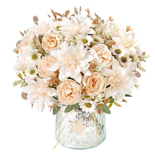 DEMIUKO Ramo de flores artificiales de 4 ramos Dahlia, flores falsas, rosas de seda, margaritas, plantas, jarrón, arreglos florales para boda, ramo de novia, relleno, centro de mesa, decoración del