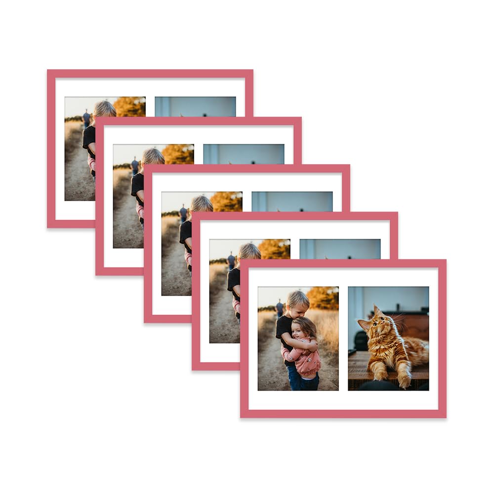 Pink Multi Photo Frame - Holds 2 x 9x7 Pictures, Family Collage Picture Frame for Wall Display, 16x12 Frame size, Set of 5