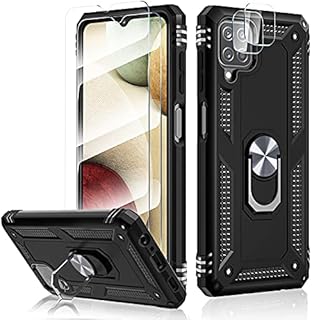 HATOSHI Samsung Galaxy A12 5G Case with 2 Pack Tempered Glass Screen Protector and 2 Pack Camera Lens Protector, [Military Shockproof] Magnetic Ring Kickstand Protective Phone Cover for A12, Black