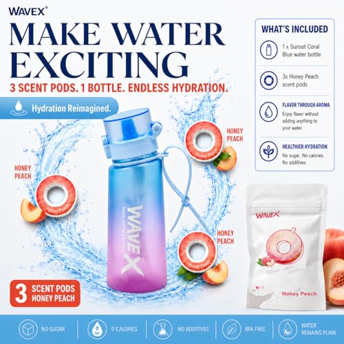 Image of WaveX Scented Water Bottle with 3 Honey Peach Aroma Scent Pods, BPA Free, Flip Top Lid, Straw & Carry Strap Included, Enhance Hydration with Subtle Aroma Experience, No Sugar or Calories (Sunset Coral Blue)