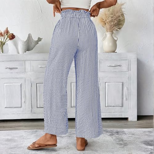 Striped Pants Women Drawstring Wide Leg Linen Pants Lightweight High Waisted Comfy Lounge Trousers with Pockets4