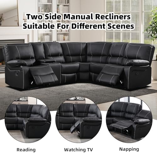 EBELLO Manual Reclining Sectional Sofa Set for Living Room, Soft Fabric Recliner Corner Sectional Couch with Center Console, Cup Holders and Storage (Black, Sofa) - Thumbnail 2