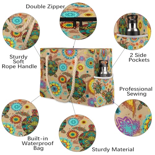 Painted Turtle Mandalas Beach Bag for Women Waterproof Sandproof Tote with Zipper Cotton Rope Handles for Travel Pool Gym Shopping3