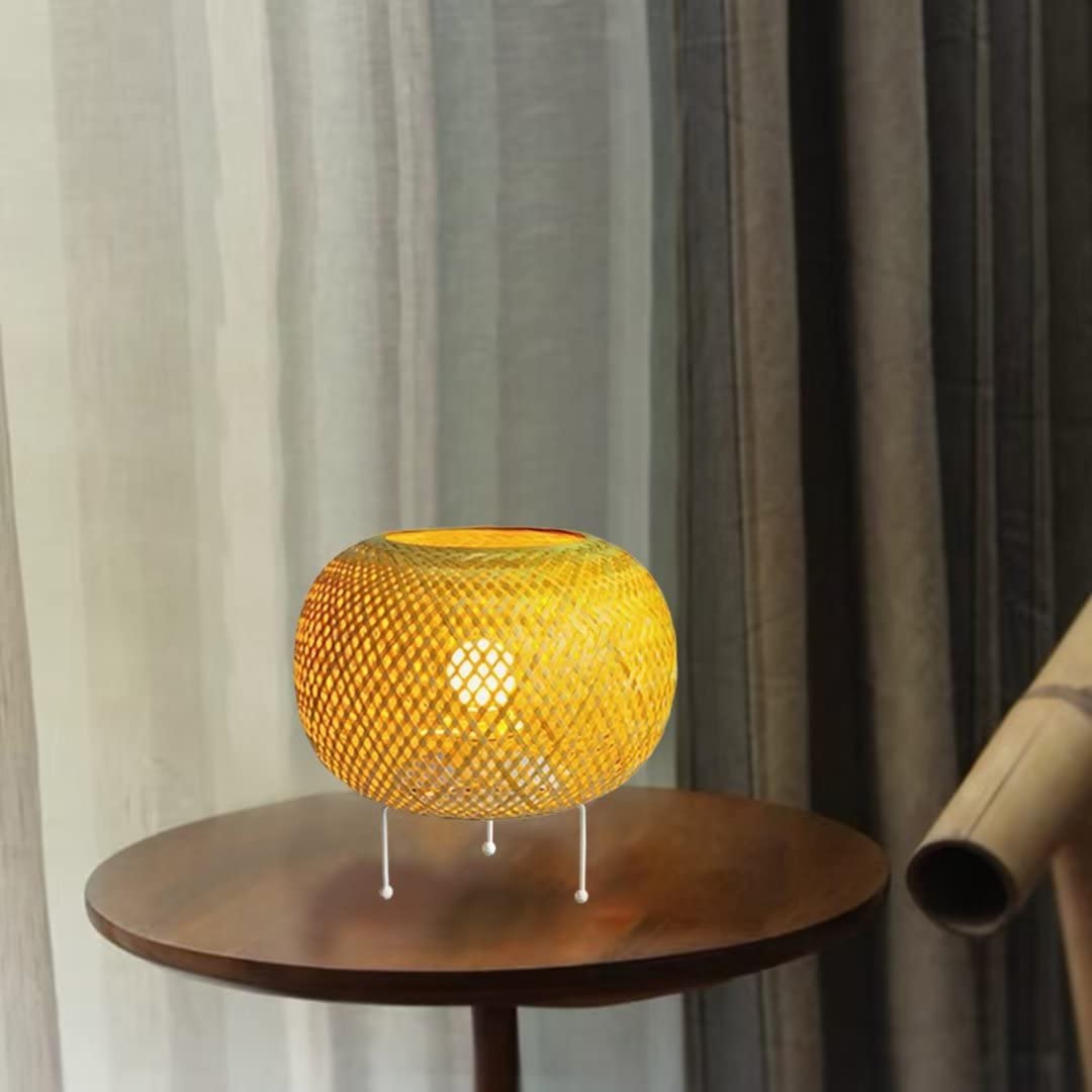 DUNMW Handwoven Bamboo Table Lamp with 3 feet Support Bamboo Lantern Lampshade Bedside Lamp Table Light Fixture Decorative Table Lighting Night Light for Bedroom, Living Room