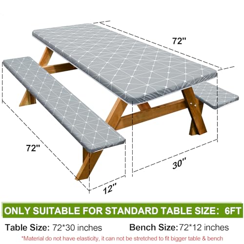 Picnic Table Cover with Bench Covers 6FT 3 Pcs Waterproof Windproof Aesthetic Camping Tablecloth with Drawstring Bag, Fitted for 6 Foot Rectangle Tables and Seats, 72 inch, Grey