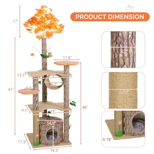 Lucky Monet Cat Tree with Leaves for Indoor Cats, 61 Inch Unique Forest Themed Cat Tree Tower, Fun Cat Activity Tree with Scratching Post, Condo, Flower Platform
