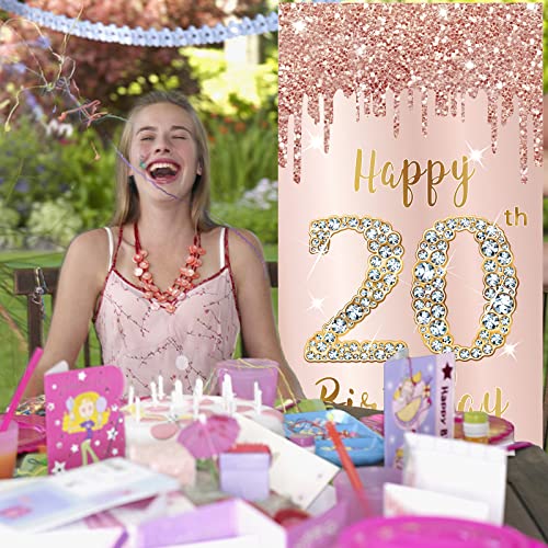 Image of Happy 20th Birthday Door Banner Decorations for Women, Pink Rose Gold 20 Birthday Door Cover Backdrop Sign Party Supplies, 20 Year Old Birthday Poster Background Photo Booth Props Decor