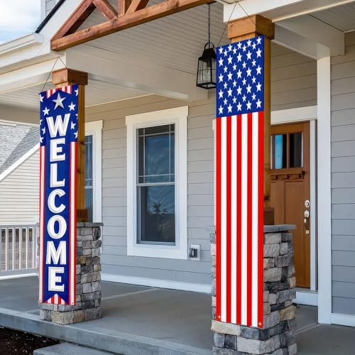 Image of BlissYard 2Pcs Patriotic Decor Welcome Door Banner 4th of July Decorations American Banners Hanging Porch Signs for Independence Memorial Day Veterans Labor Day for Yard Indoor Outdoor Supplies