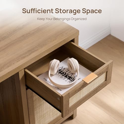 Image of SICOTAS Executive Desk with Large Cabinet, Drawer, Rattan Home Office Desk | 59 inch Boho Farmhouse Computer Table Vanity Desk for Home Office, Study, Living Room, Dining Room