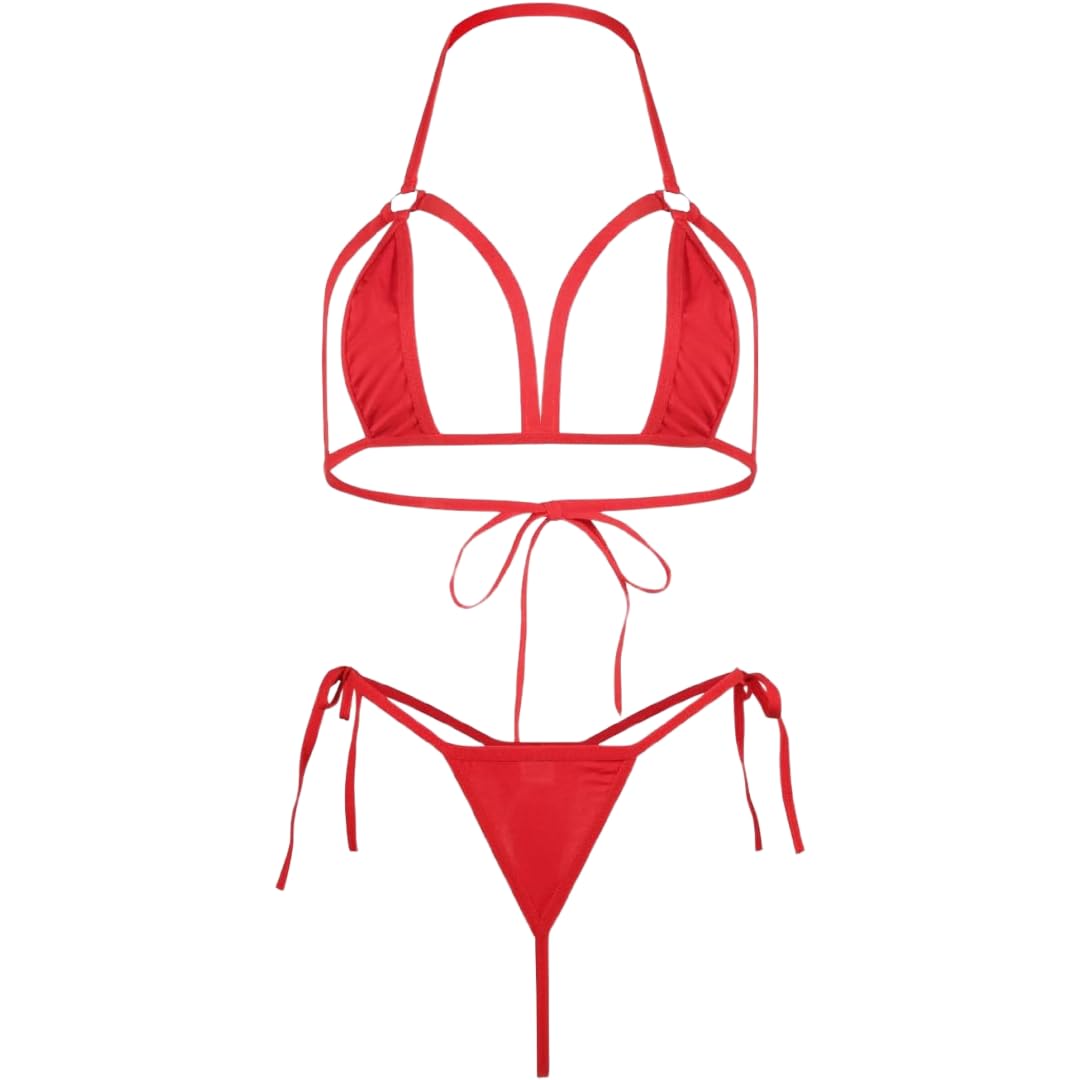 Lingerie con spalline per donna, set bikini micro malizioso, reggiseno a gabbia a mezza coppa, perizoma a vita alta con laccetti laterali, intimo, costumi da bagno con ritagli, abbigliamento da spia