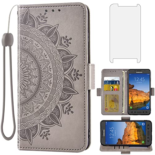 Compatible with Samsung Galaxy S7 Active Wallet Case Tempered Glass Screen Protector Card Holder Flip Wrist Strap Cell Phone Cover for Glaxay S7Active Gaxaly S 7 7Active 7s Galaxies G891A Grey