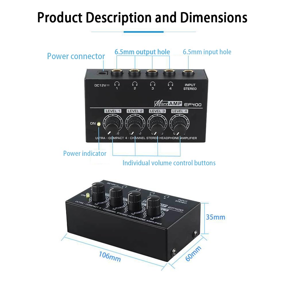 Amplificatore Cuffie,Amplificatore Per Cuffie,Mini Amplificatore Per Cuffie,Splitter Per Cuffie,Monitor a 4 Canali,Con Alimentazione a 12 v,Alta Risoluzione Sonora,Per Concerti,Lezioni, Chitarra,Ecc.