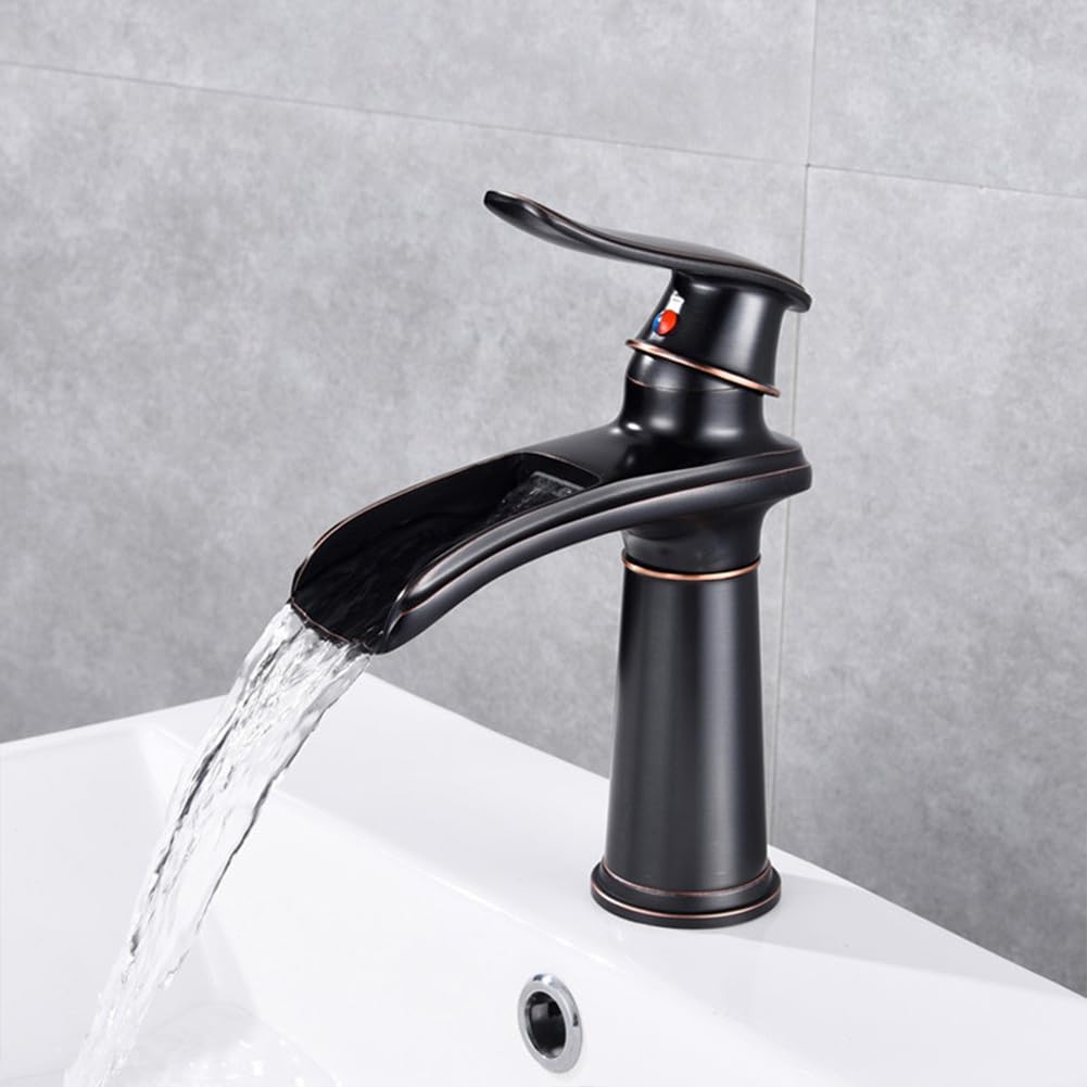 Rubinetto Lavabo Cascata Rubinetto Bagno, Anticato Vintage Stile Ottone Monocomando Miscelatore Bagno, Miscelatore Lavabo, Nero