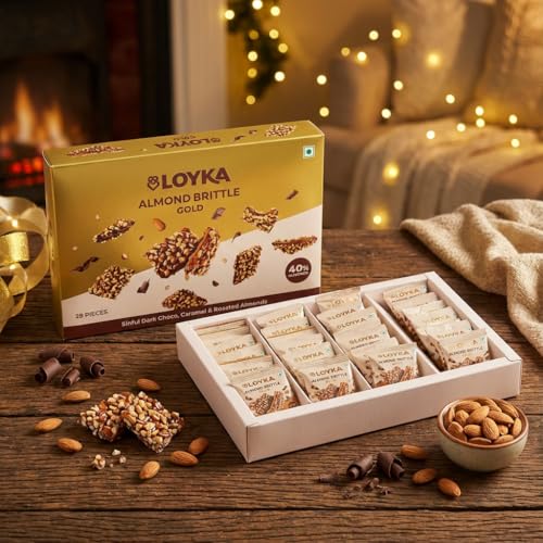 Image of Loyka Almond Brittle Gold Choco Box - 28 pcs |Premium Chocolate Gift Hamper | Chocolate & Nut Dryfruit Delicacy | Roasted California Almonds (40%), Dark Choco & Salted Caramel|Any-time snack,408 grams
