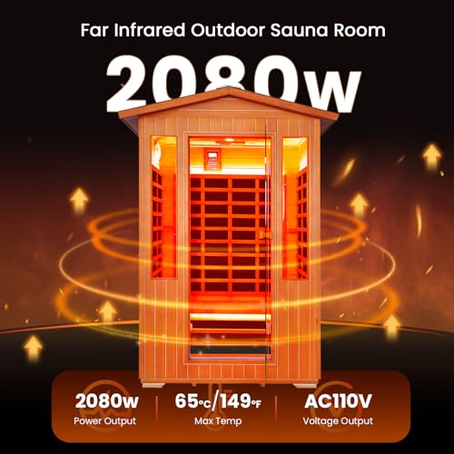 Image of OUTEXER Outdoor Sauna 2 Person Sauna Infrared Saunas with Red Light Therapy | Dry Sauna Room 2080W Red Cedar and Canadian Fir Wood Wooden Sauna Spa 48.8*38.19*81.89inch