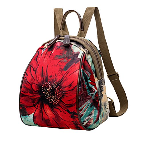 Mochila feminina de lona para bebês com grande capacidade, bolsa para múmia (flor vermelha)