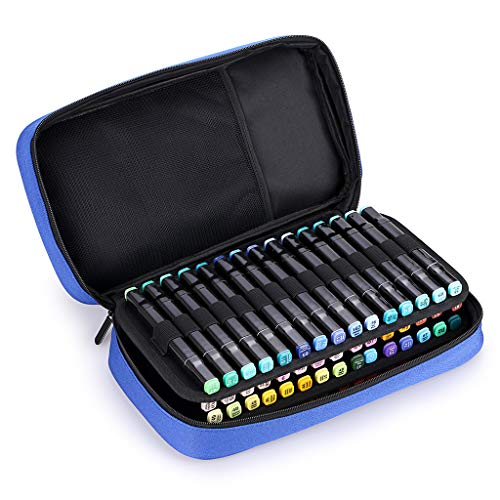 Estojo de transporte para marcadores de arte com extremidade dupla TSKY - 60 compartimentos para armazenamento de marcadores com zíper em tela para marcadores Sharpie de tinta Prismacolor Touch Spectrum Noir, apenas organizador de carteira vazio, Azul, 1