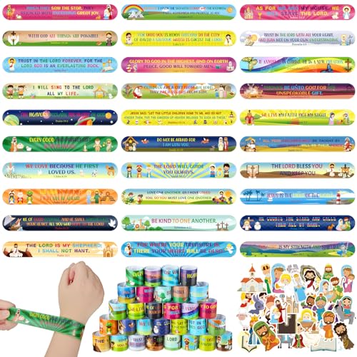 Sasylvia 320 Pcs Christian Slap Bracelets Bulk for Kids Party Favor, Religious Easter Egg Fillers, Bible Verse Toy Gifts, 120 Snap Bracelets, 200 Stickers for Classroom Exchange Sunday School Supplies