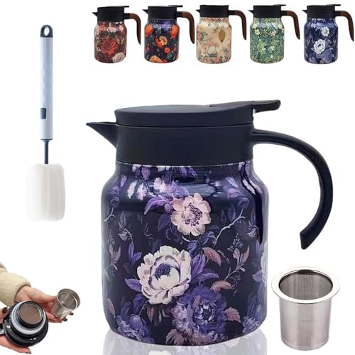 Tetera, termo for té con estampado floral vintage, infusor incorporado, jarra térmica portátil con tapa(Purple,800ml)