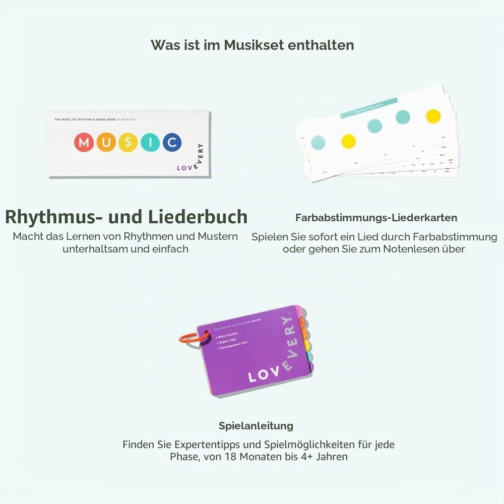 Lovevery The Music Set, Mehrfarbig/Meereswellen (Ocean Tides), Medium, 6 Musikinstrumente, Buch mit Rhythmen und Liedern