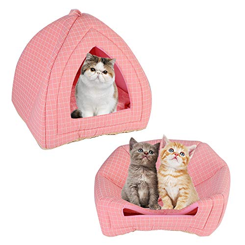 laamei Cat Tent Bed, Cat House Bed, 2-in -1 Cat Bed Self Warming Triangle Foldable Cat Cave Bed Enclosed Cat House Nest for Small Cat Dog Puppy Kitten Large Pink