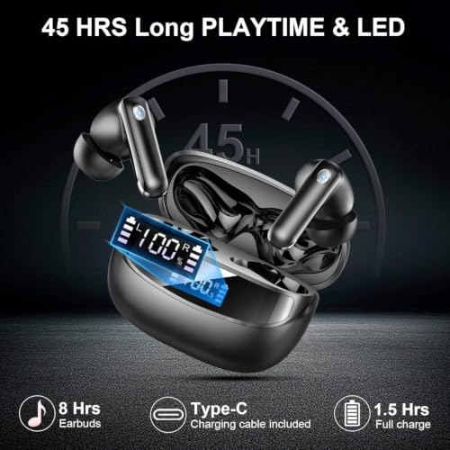 Image of Jxrev Wireless Bluetooth 5.4 Earbuds, 6D Stereo Ear Buds, LED Power Display
