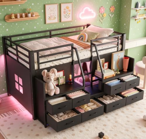 Bellemave Twin Low Loft Bed with LED, Metal Gaming mid loft Bed with Storage Ladder, Non-Woven Fabric Drawers, Shelves, Black