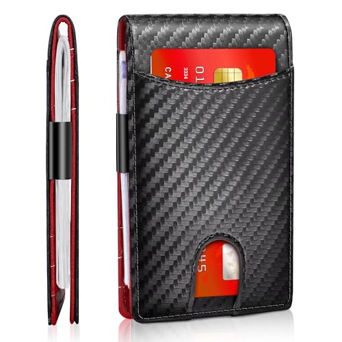 Define Essentials Carbon Fiber Minimalist Slim Bifold Wallet for Men - RFID Blocking, Money Clip, Genuine Leather - Stylish, Secure, and Functional (Carbon Black&Red)