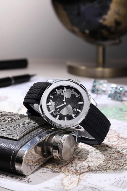 Image of Giordano Stylish World Map Design Analog Watch for Men with Silver Case Round Dial, Textured Silicone Strap, Water Resistant and Date Display Function - GZ-50147