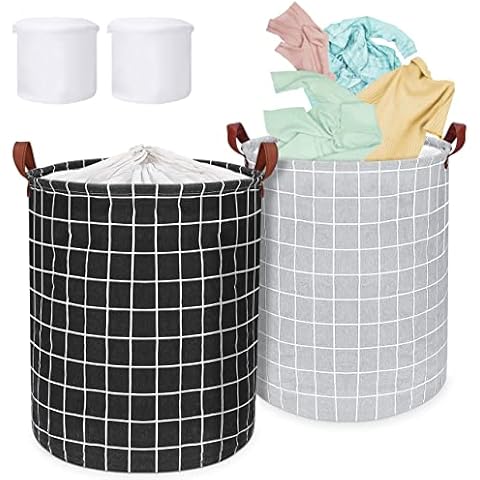 Tiikiy Wäschekorb, 63L Großer Laundry Baskets 2er Pack, Wäschekorb Faltbar mit Ledergriffen, Wasserdichte Beschichtung Wäschesammler mit Wäschesack, Baumwolle Aufbewahrungskorb Cover