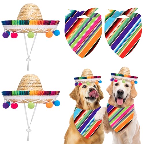 FYSUIMU Dog Sombrero Hat Pet Serape Poncho Costume Cinco De Mayo Colored Stripe Dog Bandana Pet Triangle Bib and Mexican Straw Hat with Felt Pom Ball for Carnival Mexican Party Photo Props 4 Pcs