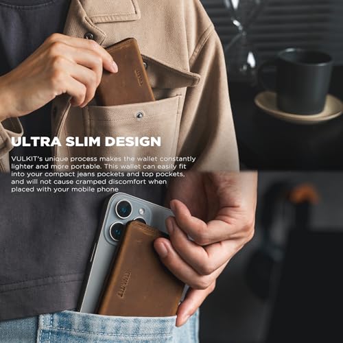 Image of VULKIT Slim Minimalist Card Holder RFID Blocking Leather Credit Card Holder Front Pocket Wallet Magnetic Closure, Handcrafted Cowhide Version