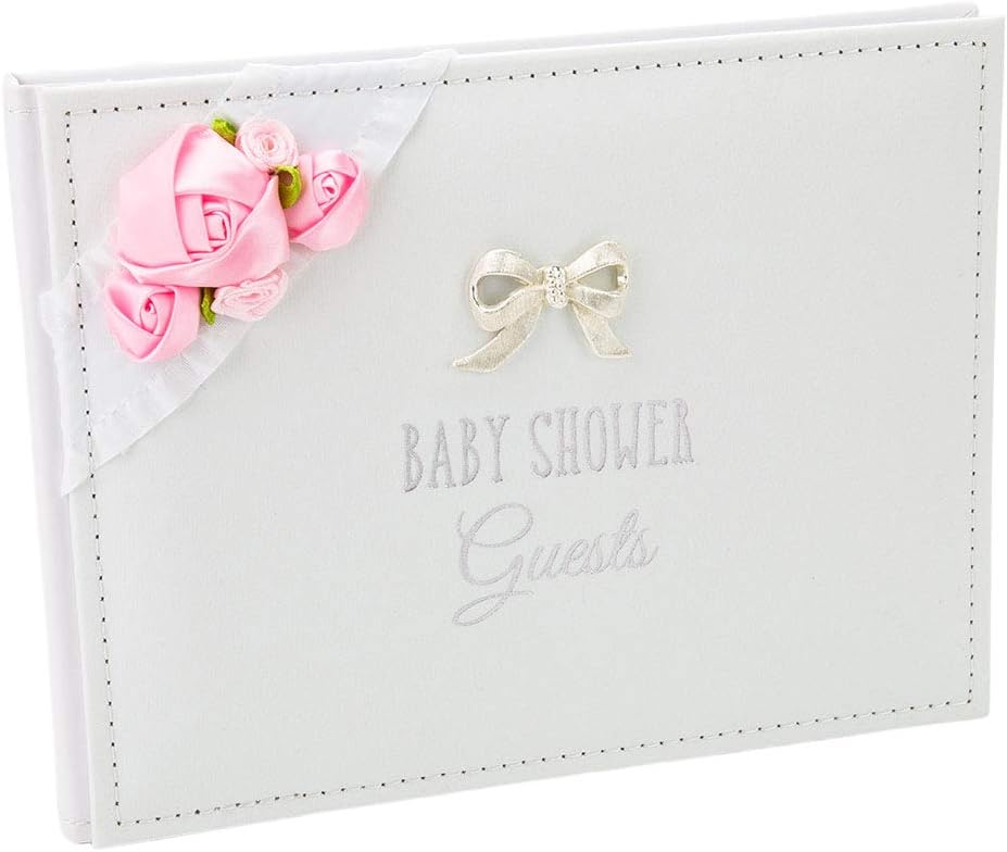 Happy Homewares Beautiful Baby Shower Guest Book with Pink Faux-Silk Roses and Silver Metal Double Bow Inner Pages Read Family & Friends to Write