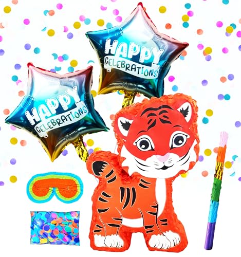 Tiger Pinatas For Animal Theme Party Decorations - Perfect for Birthday Celebrations with Buster Stick, Blindfold, Confetti, and 2 Balloons