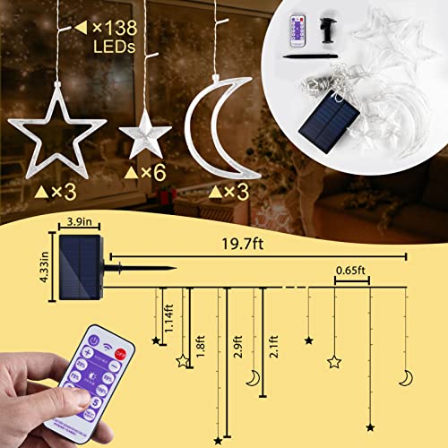 Smarich Star Moon Solar String Lights 138*Leds Solar Curtain Lights With 8 Lighting Mode, Timmer Setting, Brightness Adjustment, Waterproof Solar Powered Twinkle Star Moon Fairy Lights For Outdoor #TOP5