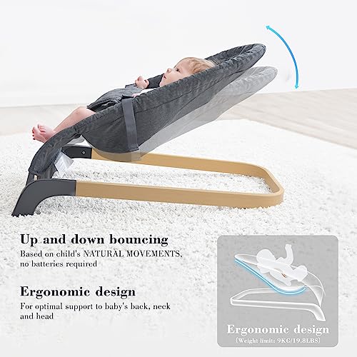 ANGELBLISS Baby Bouncer, Portable Bouncer Seat for Babies, Infants Bouncy Seat with Wood Grain Base, Natural Vibrations (Grey) - Thumbnail 3