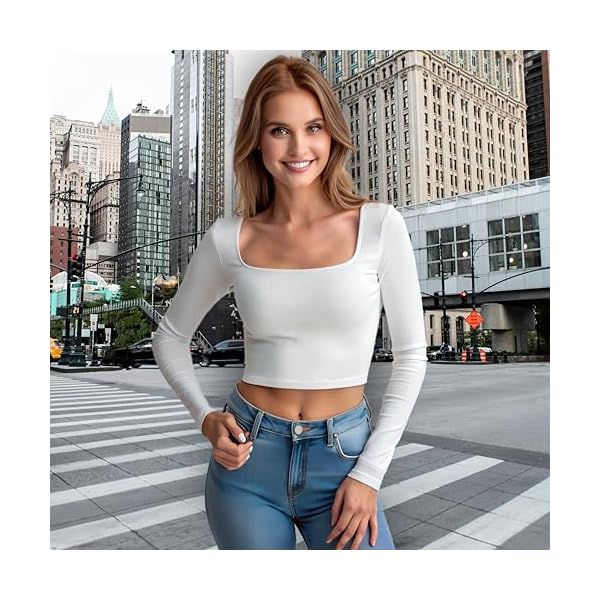 1 & 9 Long Sleeve Crop Tops for Women Square Neck Polyester Basic Slim Fit Cropped Y2K Trendy Going Out Top - Image 4
