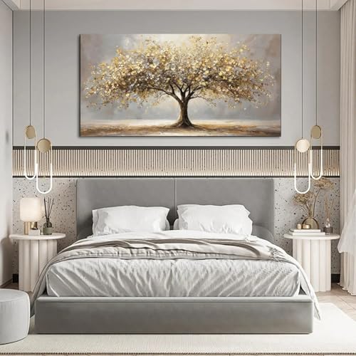 Toile Murale Arbre de Vie aux Feuilles Dorées Cadre 70x140cm - 4