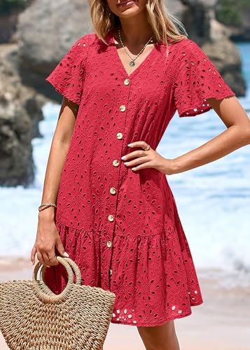 Image of KIRUNDO Eyelet Dresses for Women Button Down Mini Babydoll | 2026 Summer Short Sleeve Boho Sundress, Loose Fit V Neck Short Dress With Pockets, A Line, Cruise Beach Vacation Outfits