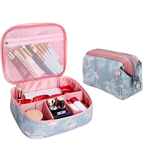 Favria Cosmetic Bag 2 Pieces Multi Function Makeup Kit Box Cosmetic Organizer Portable Travel Cube Case Cosmetic Pouch for Women Large Make-up Brushes Pouch-Grey Flamingo