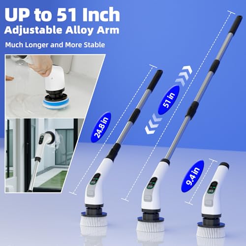 Image of Electric Spin Scrubber, IPX7 Waterproof Power Shower Scrubber with Extension Handle, 7 Replaceable Brush Heads & 3 Hard Bristle Crevice Cleaning Brushes Cleaning Supplies for Bathroom Tub Tile Floor