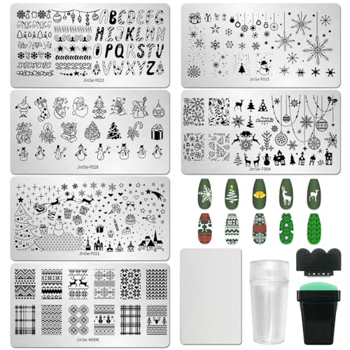 AddFavor 6pcs Nail Stamper Kit - Christmas Stamping Plate with Snowflake, Balloon, Snowman, Tree, Stocking, Bells, Star, Letters Template Stencil and Scraper AddFavor 6pcs Nail Stamper Kit - Christmas Stamping Plate with Snowflake, Balloon, Snowman, Tree, Stocking, Bells, Star, Letters Template Stencil and Scraper
