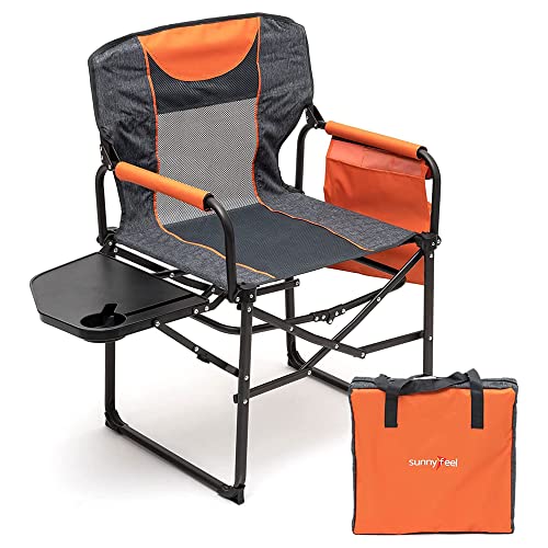SUNNYFEEL Directors Chairs Silla de Camping Plegable para Adultos con Bolsillo Lateral de Mesa, Resistente hasta 300 Libras al Aire Libre césped jardín Maquillaje(Naranja) Cover
