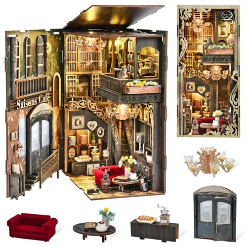 MiniCity Book Nook Kitwith Dust Cover and LED Light, 3D Wooden Puzzle Bookend Bookshelf Insert Decor for Teens and Adults (Saisons Café) by MiniCity - Used condition - US$20.49