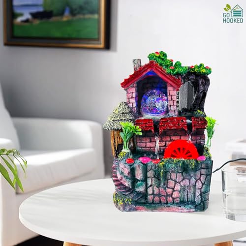Image of Go Hooked Polyresin Waterfall Fountain with LED Lights & Adjustable Speed Control for Living Room, Bedroom & Office 25.5 Cm | Stress Relief & Positive Energy Decor | Tabletop Water Fountain (GHF313)
