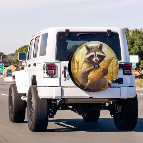 Image of Delerain Spare Tire Cover with Backup Camera Hole Cute Raccoon with Corn Wheel Covers Waterproof Dust-Proof UV Sun Universal Fit for RV Trailer RV SUV Truck (17 Inch for Diameter 31 inch-33 inch)