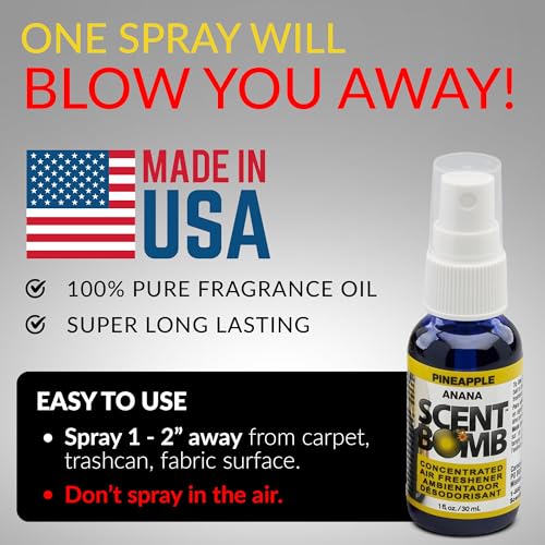 Image of Scent Bomb Air Freshener Spray, Long-Lasting Odor Eliminator - Effective Deodorizer for Home & Car, Fresh Room Spray for Kitchen, Bathroom & Smell Neutralizer - 1 oz Pack of 4, Pineapple Scent