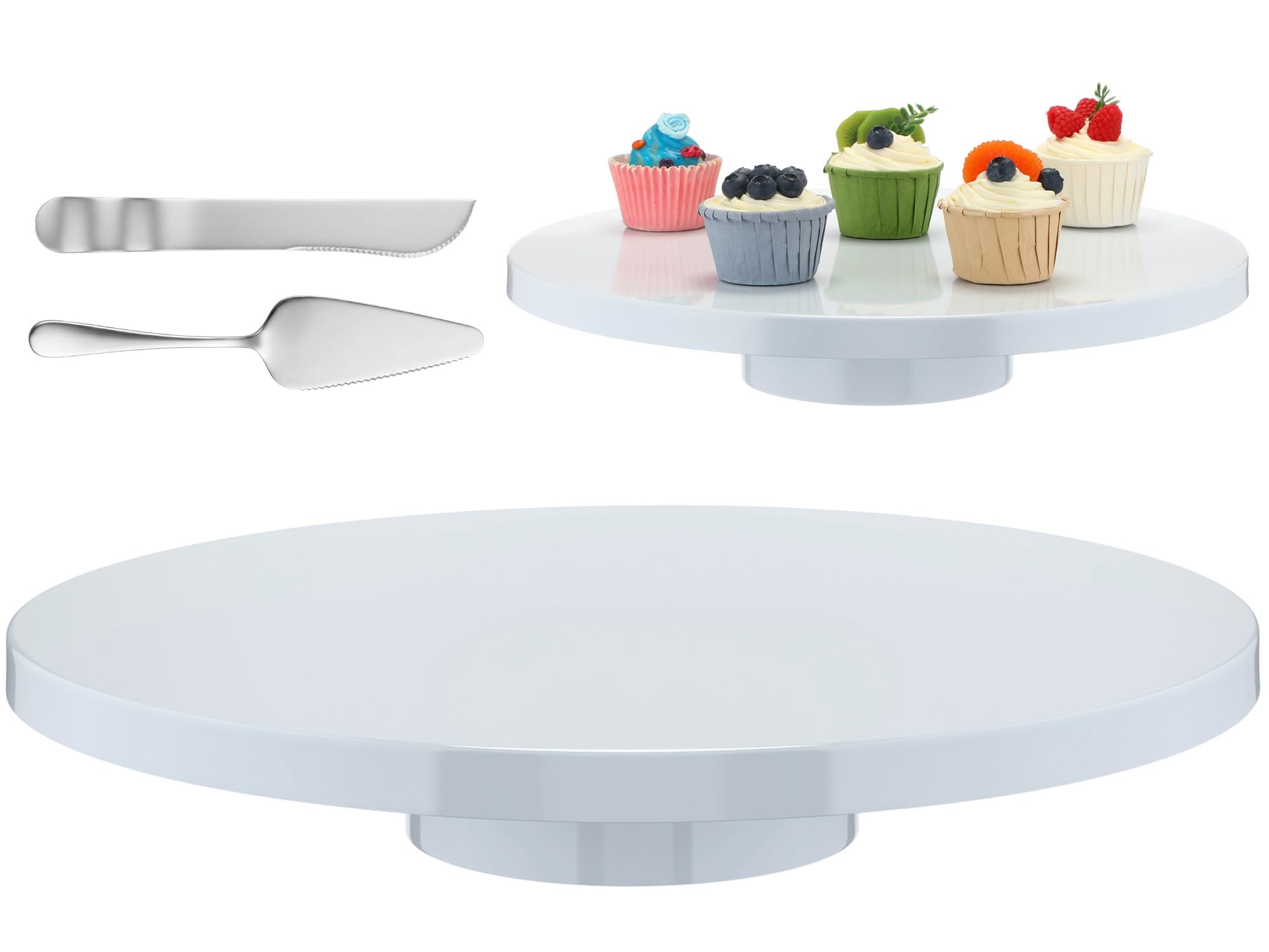 Photo 1 of Wenqik 16 Inch Metal Cake Stand with Cake Knife and Spatula, Round Dessert Table Display Stand Metal Dessert Tray Serving Platter for Party, Wedding, Birthday, Baby Shower, Anniversary(White)