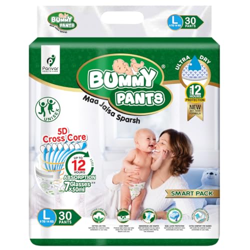 Image of BUMMY PANTS Baby Diapers - Soft & Comfortable with 5D Cross Core Technology, 360 Soft Elastic Waistband & Up to 12-Hour Absorption | L | Pack of 1 | 30 Pieces