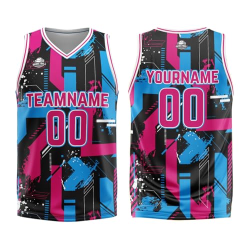 vients Custom Basketball Jersey with Team Name&Number&Logo, Personalized Uniform for Adults Kids (Polyester, Geometry Pink Light Blue)